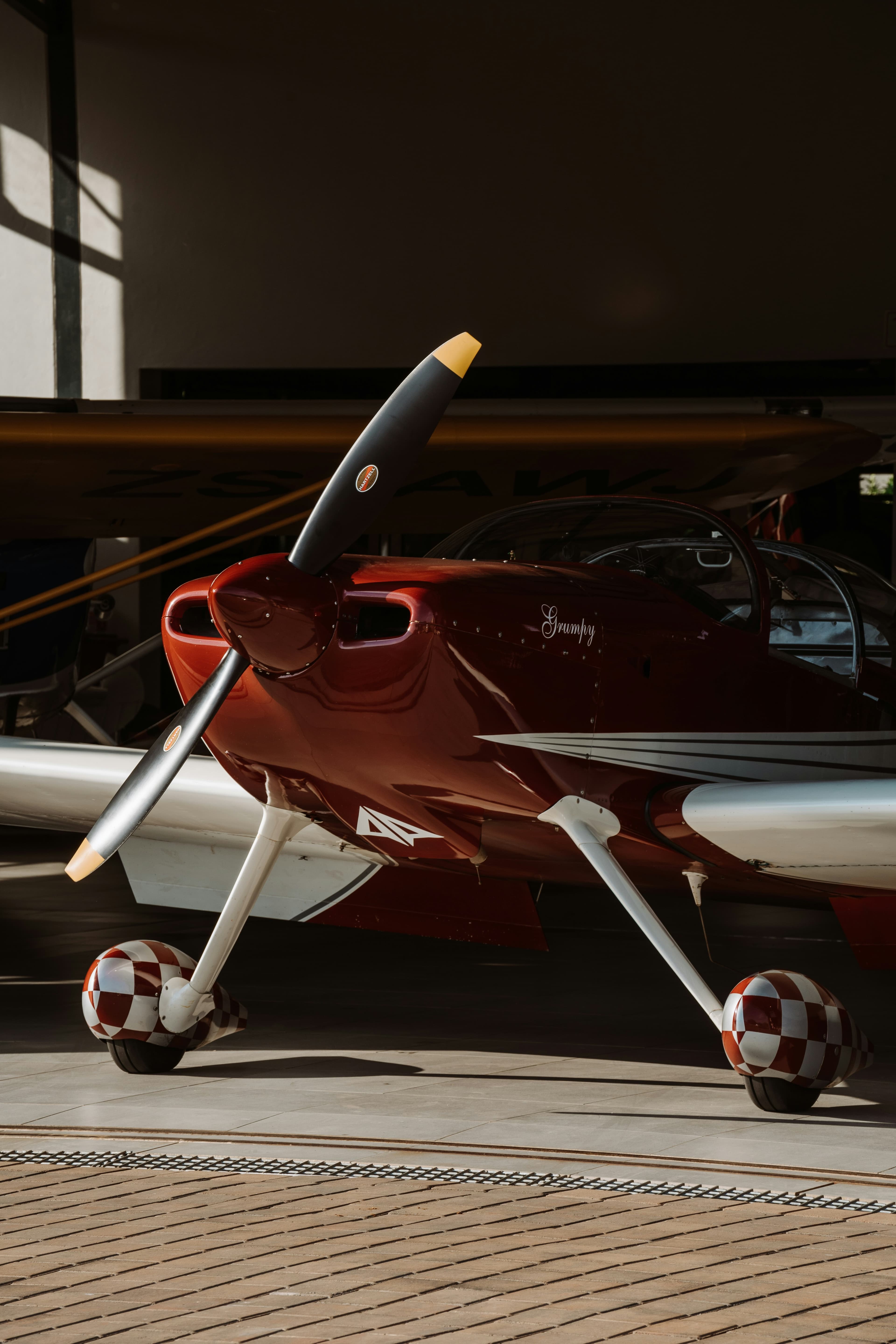 Single-engine training aircraft parked inside a hangar, ready for flight training